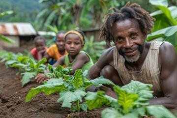 A man with locks smiling at the camera while gardening with children, cultivating green plants in rich soil.