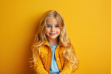 A little girl in a jacket and blue shirt and with long blond hair smiles on a yellow background