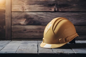 view Photo featuring construction helmet placed on a wooden table, symbolizing work