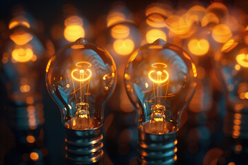 Abstract background with many vintage glass light bulbs glowing orange. Allegory of the concept of human society