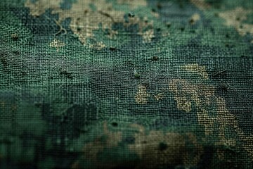 Closeup macro abstract military background with green black and brown pixelated rip stop camouflage fabric texture - obrazy, fototapety, plakaty
