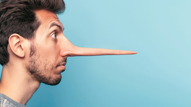 Side view of a man with a long nose. concept of Dishonest Liar man, on pastel blue background