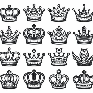 collection of different crowns, outline of crowns on a white background