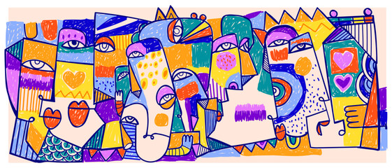 Abstract face portrait  male and female figures geometric, shapes and doodle hand drawn vector illustration. Artistic design for wall art, decoration, poster, cover and print.