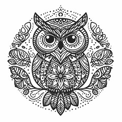 owl mandala drawing, contour image of an owl