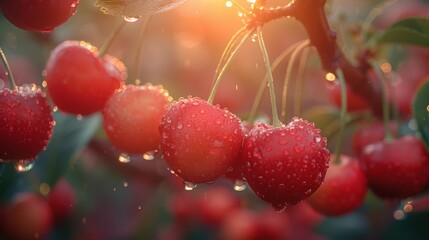A cluster of ripe cherries hanging from tree branch. Water drops shine on the sun light. Closeup food photo of berries.