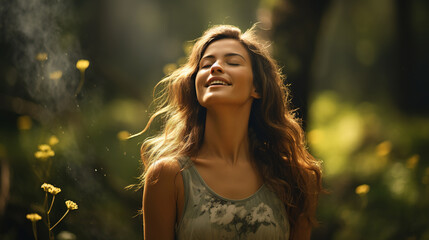 Naklejka premium A young beautiful woman breathes fresh air with inspiration and pleasure on a blurred background of the forest