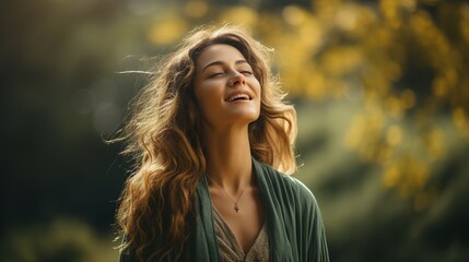Fototapeta premium A young beautiful woman breathes fresh air with pleasure on a blurred background of the forest