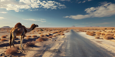 Camels on a Desert Highway Camel on the road in mountains landscape background