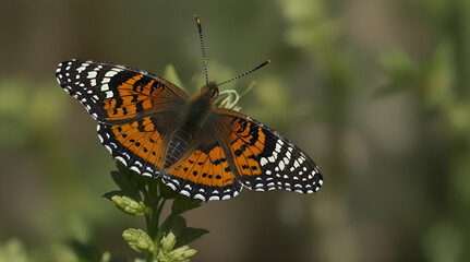 Obraz premium Northern Checkerspot (Chlosyne palla) butterfly resting on a green plant, Alameda county, San Francisco bay area, California.generative.ai
