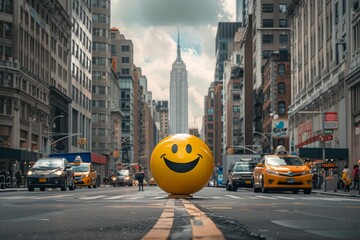 a large yellow smiley face is sitting on the side of a city street - Powered by Adobe