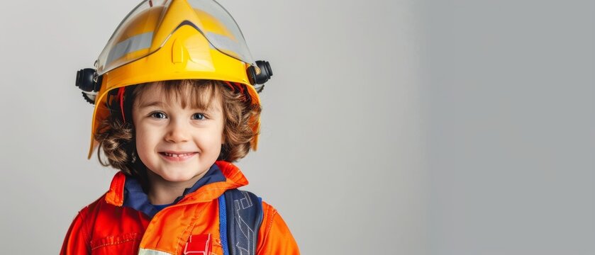 A young girl dons vibrant orange firefighter gear, helmet atop, her grin speaking of boundless enthusiasm for heroism.