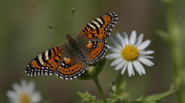 Northern Checkerspot (Chlosyne palla) butterfly resting on a green plant, Alameda county, San Francisco bay area, California.generative.ai