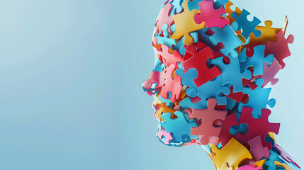 autism puzzle head concept, 3d rendering of colorful jigsaw piece on the side of profile with copy space background, soft focus and blurred light effect. Brain shaped white jigsaw puzzle.  - obrazy, fototapety, plakaty