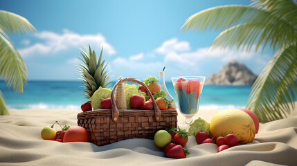 A 3D rendering of a beach picnic scene with a cooler, fruits,