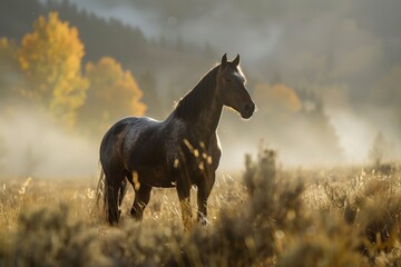 A black horse stands in a foggy field, its mane flowing in the wind