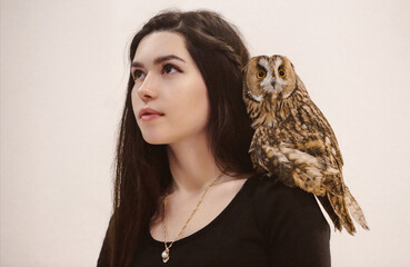 Woman in witch costume holding owl