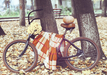 Vintage bicycle decorated with pumpking and flowers