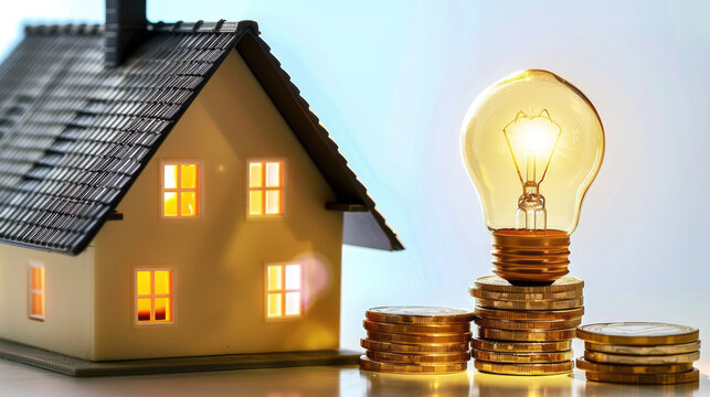 Energy saving return on investment with the concept of shining light bulbs, green plant shoots growing, miniature houses and gold coins created with Generative AI Technology 