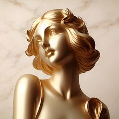 Golden Female Statue with Short Hair on a Beige Marble Wall