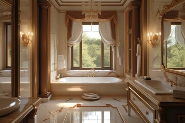 Sunlit Modern bathroom morning. Mirror indoor. Generate Ai