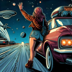 Space Hitchhiker Leaning on a Car