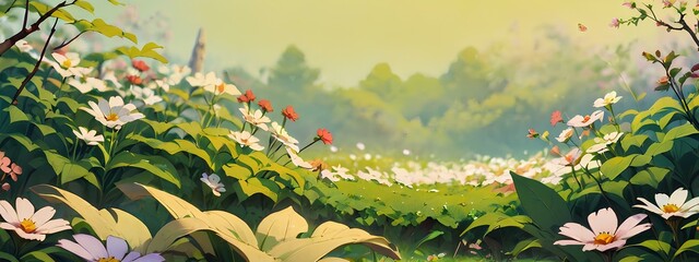 A Vibrant Painting of a Wildflower Meadow Bathed in Warm Sunlight - obrazy, fototapety, plakaty