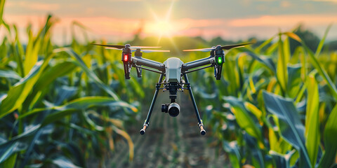 Drone monitoring crops and smart agriculture in a digital farming Drones spraying pesticides on farms Drone flying and spray fertilizer on the fields sunset background