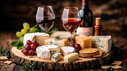 Elegant cheese platter with a variety of cheeses, crackers, grapes, and two glasses of red wine, with a wine bottle in the background on a rustic wooden table.