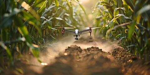 Drone monitoring crops and smart agriculture in a digital farming Drones spraying pesticides on farms Drone flying and spray fertilizer on the fields sunset background - obrazy, fototapety, plakaty