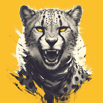 Cheetah guepard badge for t-shirt design. Cheetah guepard concept poster. Creative graphic design. Digital artistic raster bitmap illustration. Graphic design art. AI artwork. 