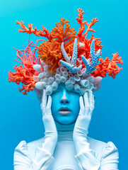 Surreal Marine Fantasy: Woman with Coral Headdress on Blue Background - 783734931