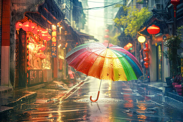 Colorful Umbrella on Rainy City Street with Chinese Lanterns - 783734935
