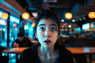 Young Woman Expressing Surprise in Neon-lit Diner