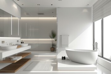 Fototapeta na wymiar Spacious Bathroom white modern. Home white design. Generate Ai