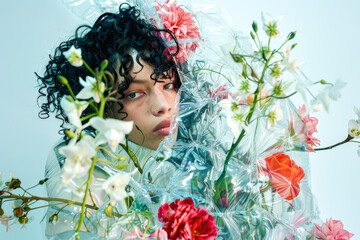Ethereal Portrait of Woman Amidst Vibrant Flowers and Sheer Fabric - 783735100
