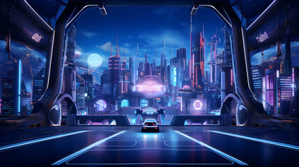 A 3D rendering of a futuristic cityscape with flying cars and neon lights,
