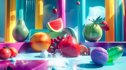 Vibrant 3D Rendered Composition of Fresh Assorted Fruits - 783735199