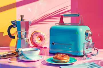 Vibrant Retro Kitchen Appliances and Pastries on Pastel Background - 783735301