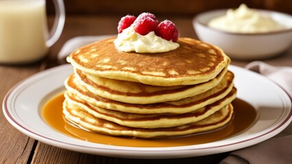 Deliciously stacked pancakes with a dollop of whipped cream and fresh berries ready to be savored