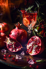Pomegranate Cocktail Elegance: Sparkling Beverage Amidst Ruby Fruit - 783735341