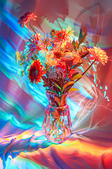 Vibrant Floral Arrangement in Iridescent Vase with Dynamic Light Play