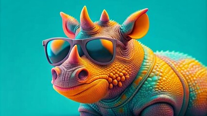 Cute colorful rhino wearing sunglasses on a plain blue background - obrazy, fototapety, plakaty