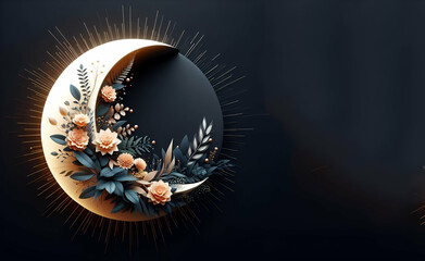 Abstract 3D shape half sun half moon foliage and flowers incorporated light emitting black, generative ai