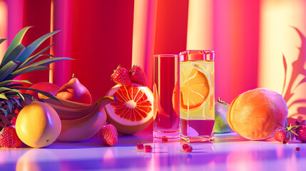Vibrant Citrus and Berries Still Life with Refreshing Drinks - 783735554