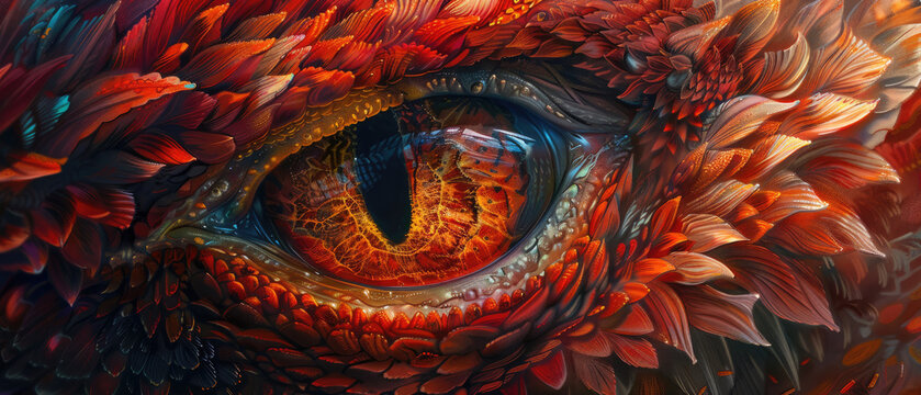 close-up the fiery red mythical creature the sharp gaze of the dragon's eyes reflects power and ferocity