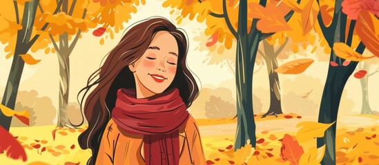 Young woman wearing a scarf takes a stroll in the autumn park, enjoying the seasonal beauty around her