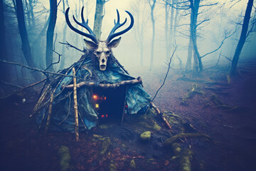 Creepy Survival Shelter with a Skull and Antlers in Foggy Woods - obrazy, fototapety, plakaty