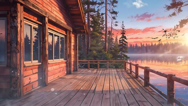 Golden Hour Haven: Lakeside Wooden House Terrace at Sunset 4k Looping Video