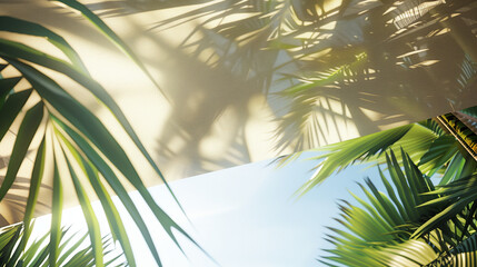 Vivid shadows of palm leaves decorate a white sandy surface, symbolizing tranquility and natural beauty